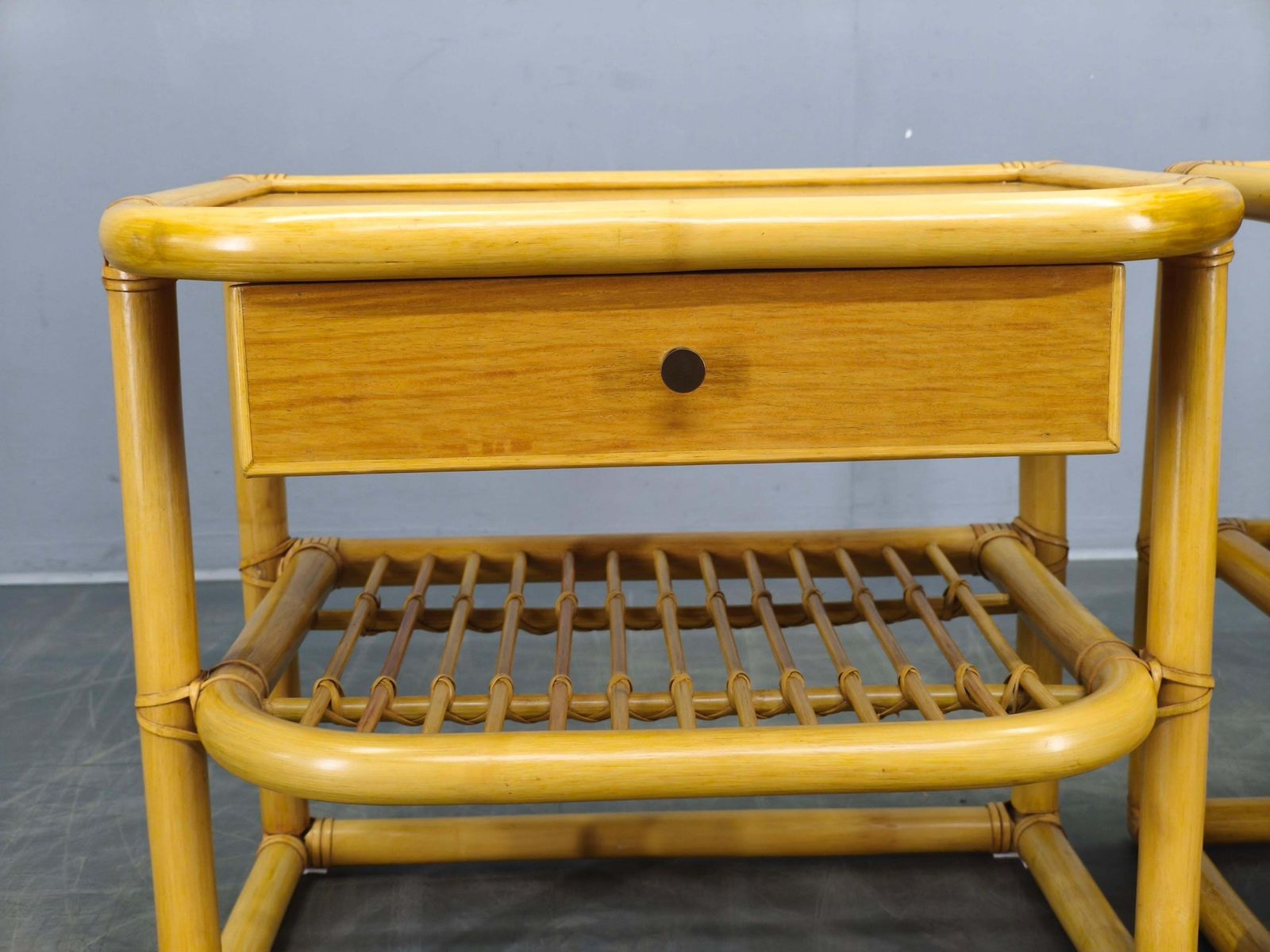 photo for sale Pair Of Bamboo Bedside Tables By Kenneth Bergenblad For Dux, 1960s