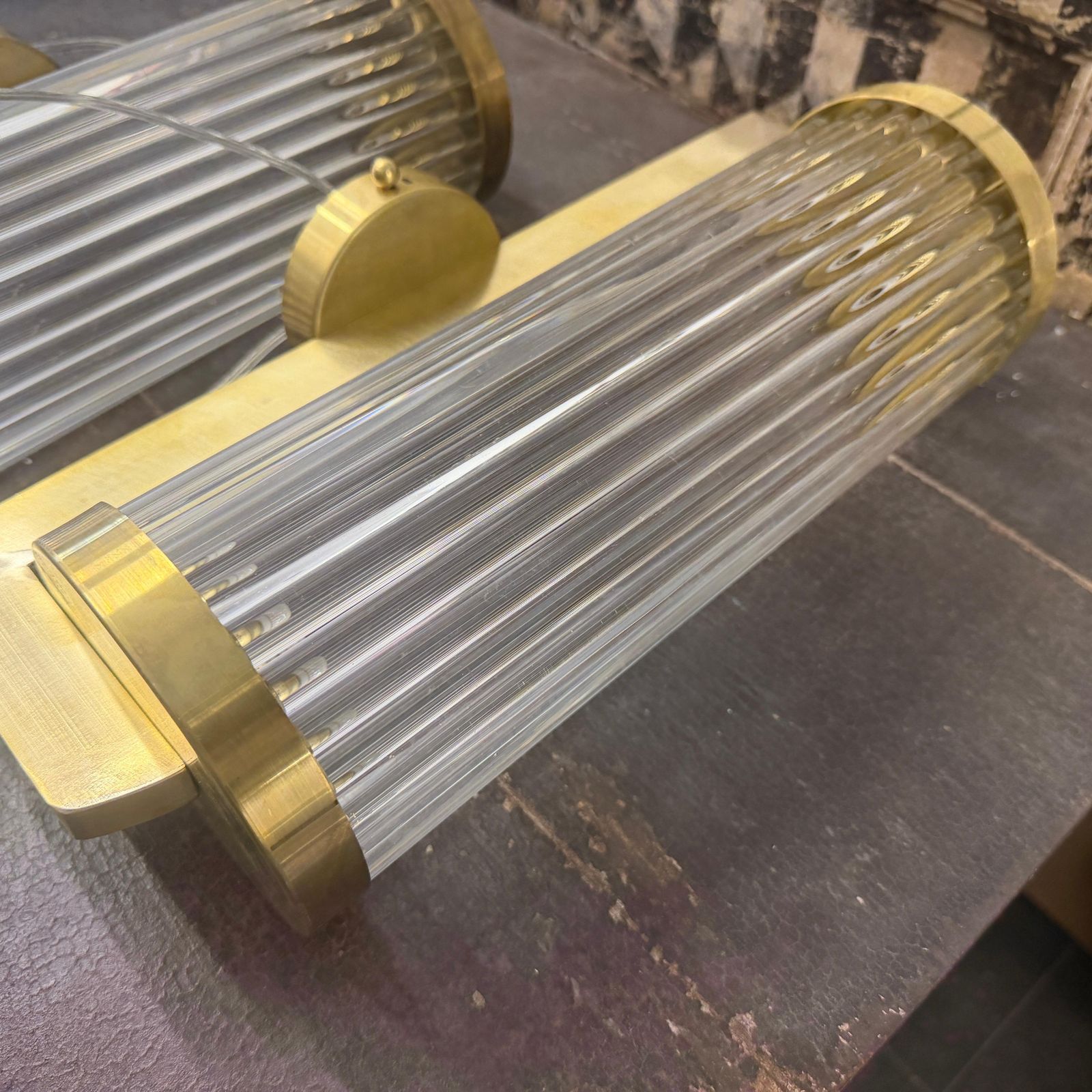 Two 1980s Art Deco Style Brass And Glass Italian Theater Wall Sconces photo 2809.0