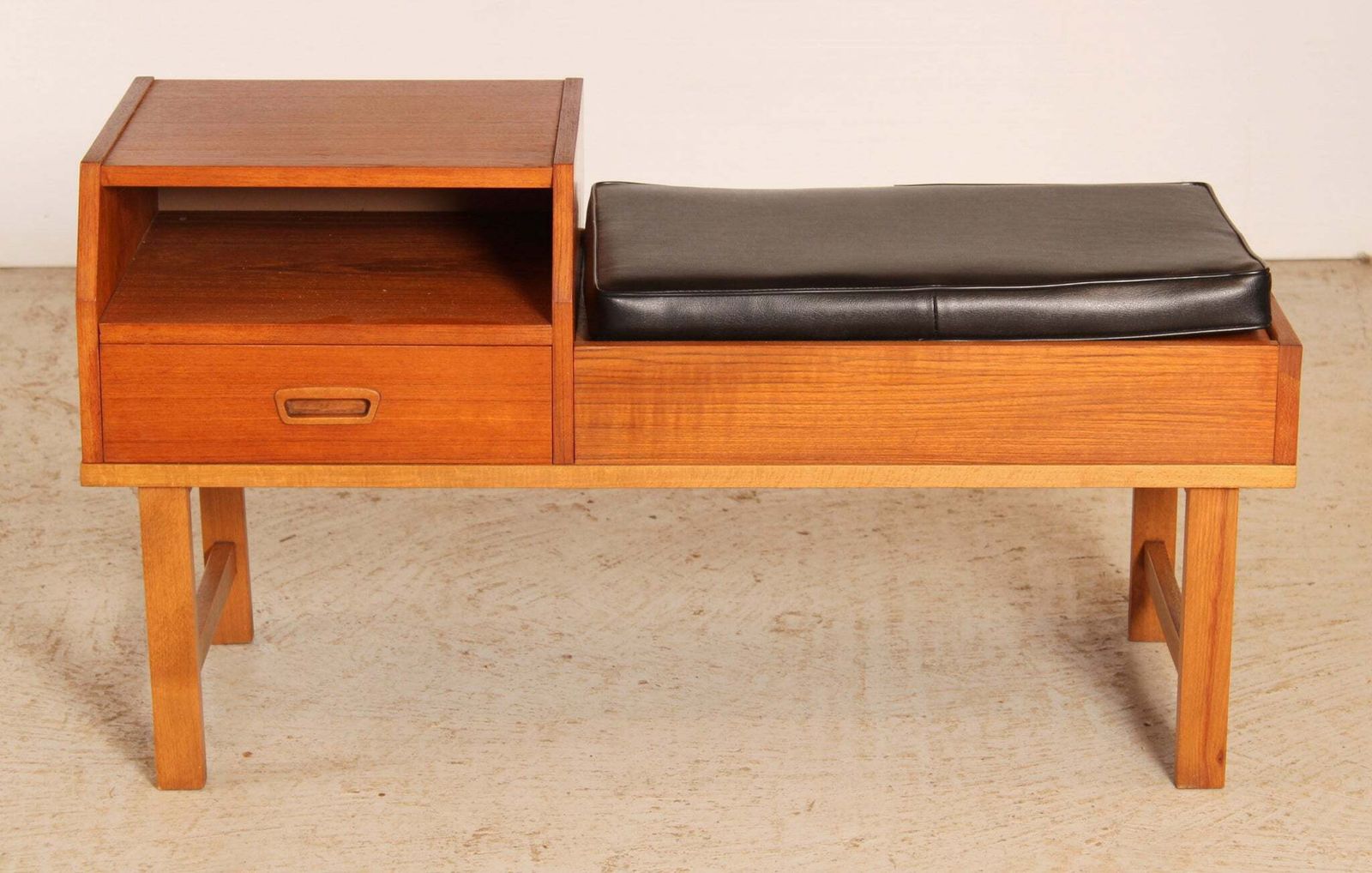 Mid Century Teak Telephone Seat With A Black Vinyl Seat And A Drawer, Circa 1960s