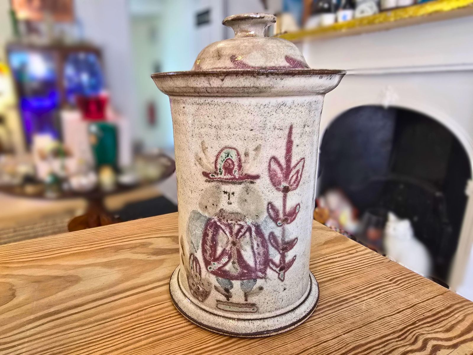 Vintage Gustave Reynaud For Le Mûrier Vallauris Studio Pottery Canister With Lid. Figure And Flowers Decoration