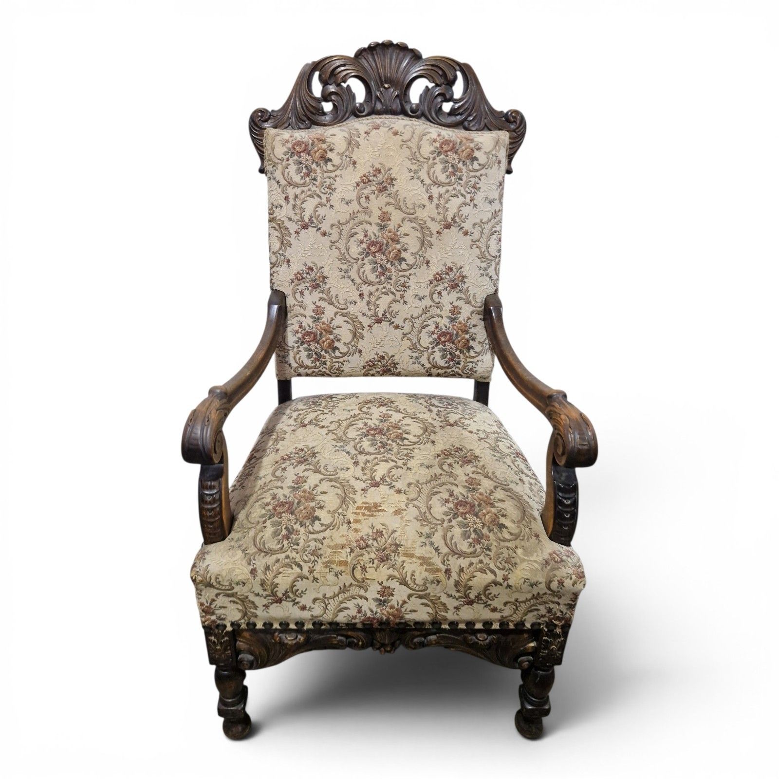 Antique Large Continental Throne Armchair Carved Oak Renaissance Revival photo 230.0