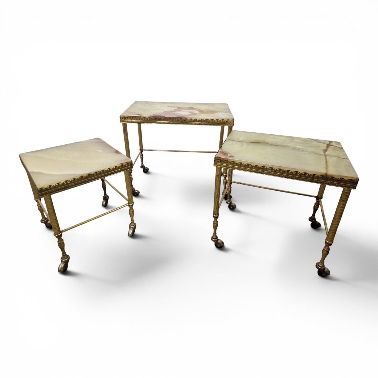 Vintage Onyx Nesting Tables Brass Side Tables Set Of 3 Tables Marble Top photo for sale