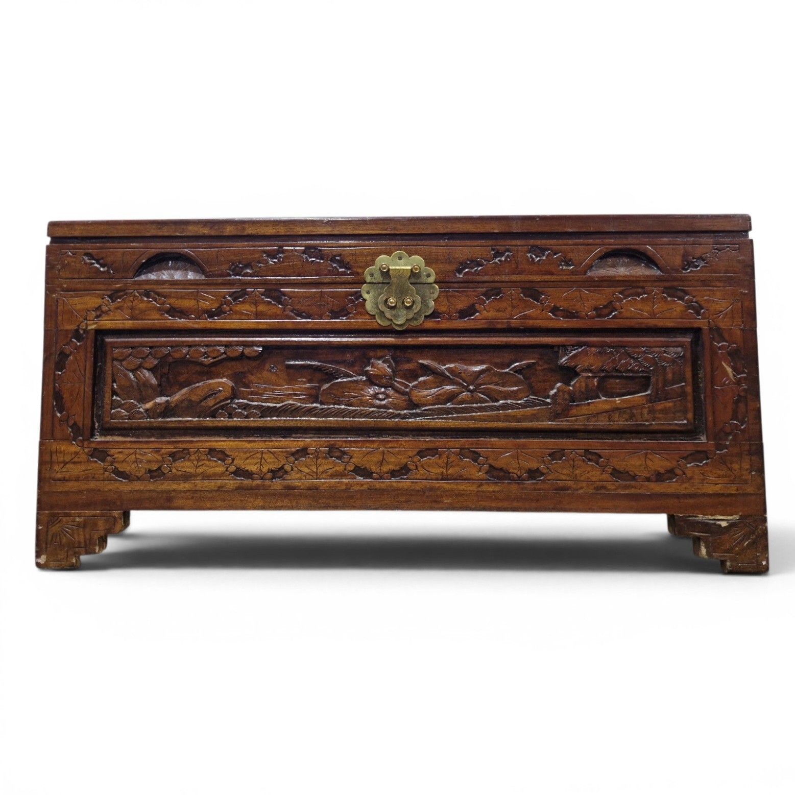 Oriental Camphor Wood Blanket Box Heavily Carved Storage Chest Trunk photo for sale