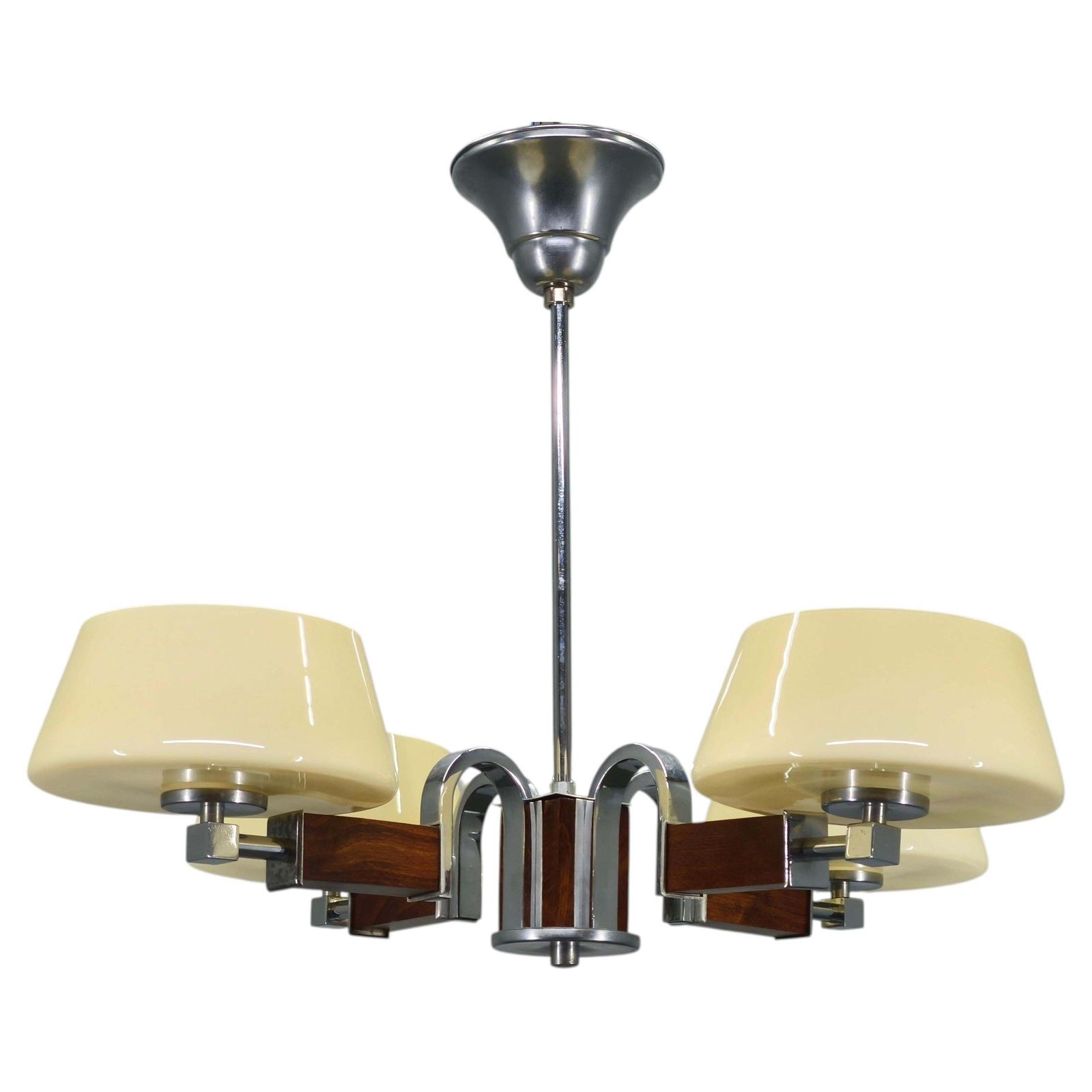 Art Deco Chandelier In Chrome, Wood And Glass, Czechoslovakia