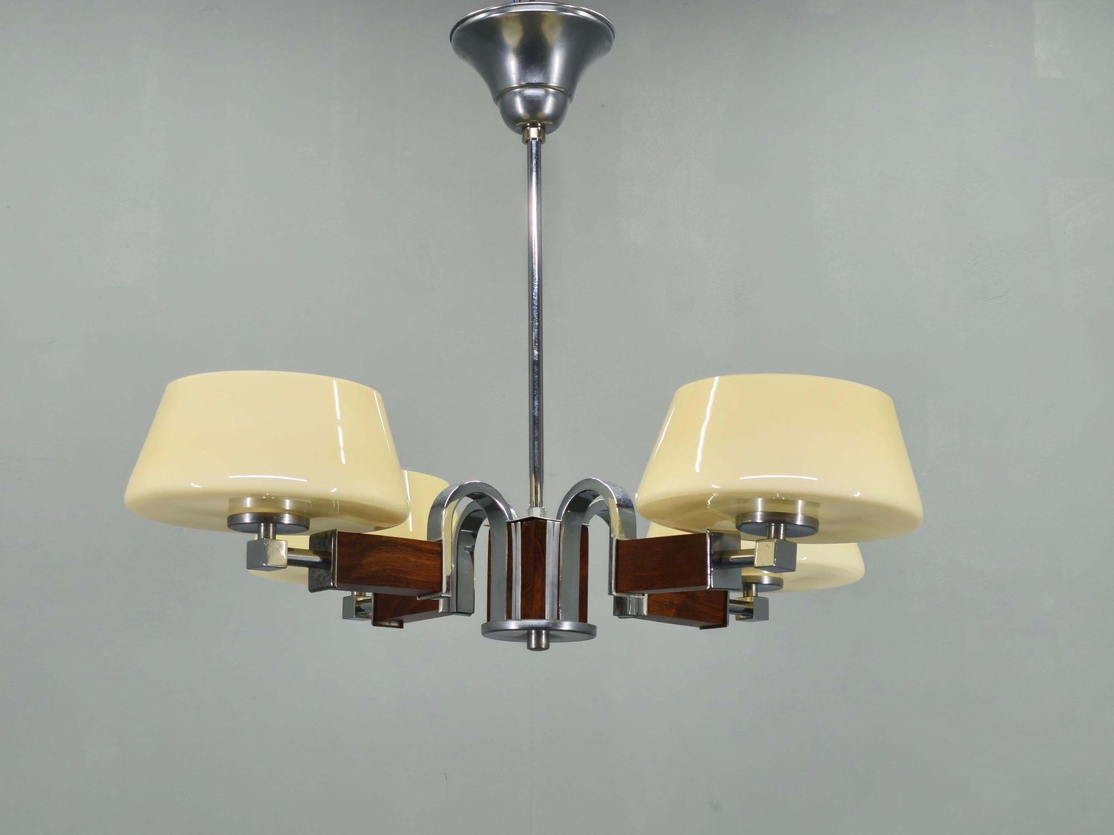 Art Deco Chandelier In Chrome, Wood And Glass, Czechoslovakia photo furniture