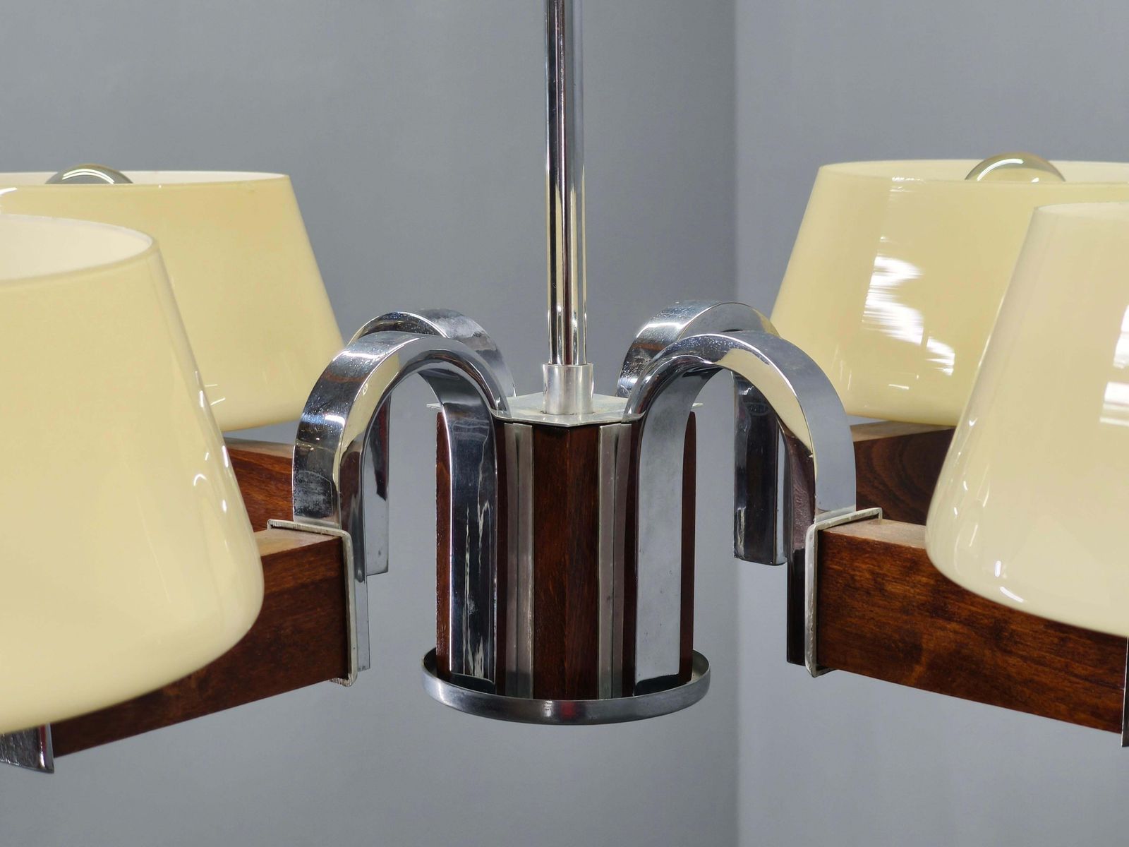 photo for sale Art Deco Chandelier In Chrome, Wood And Glass, Czechoslovakia