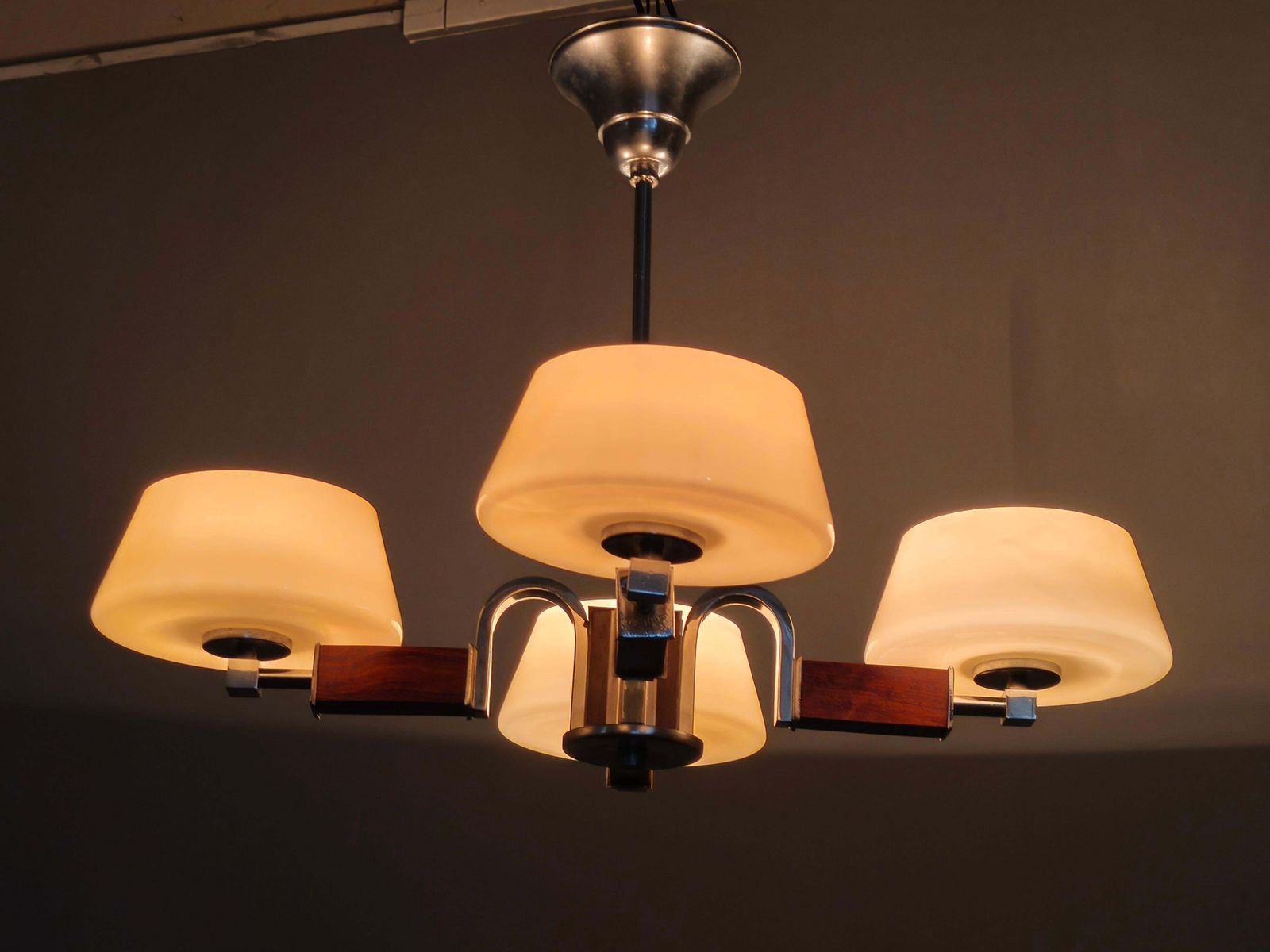 photo vinterior Art Deco Chandelier In Chrome, Wood And Glass, Czechoslovakia
