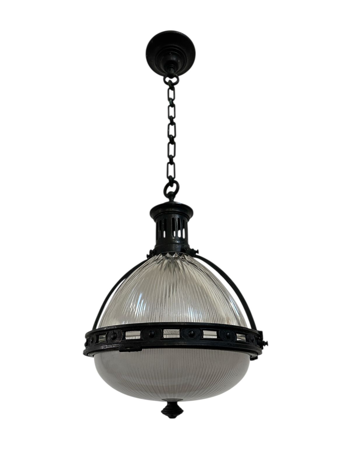 Xl Large Antique French Caged Holophane Glass Ceiling Pendant Light Lamp photo vinterior