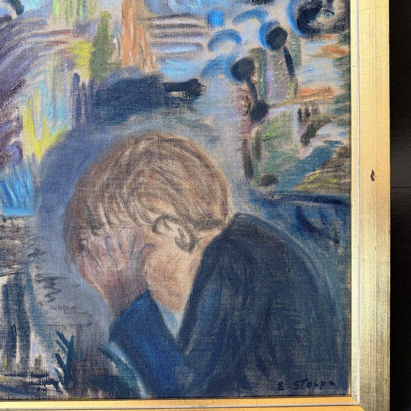 Problem – Groot olieschilderij van Elsa Viola Stolpe Hansson, jaren 1950 photo for sale