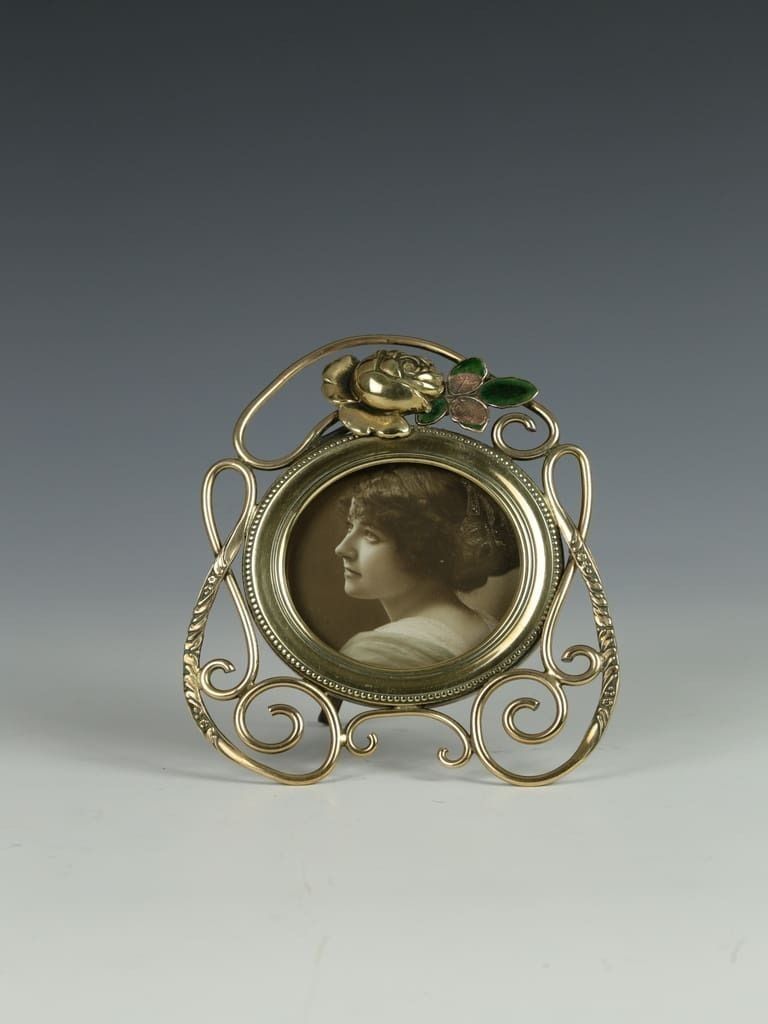 Antique Art Nouveau Brass Photo Frame With Rose And Enamel Design photo buy