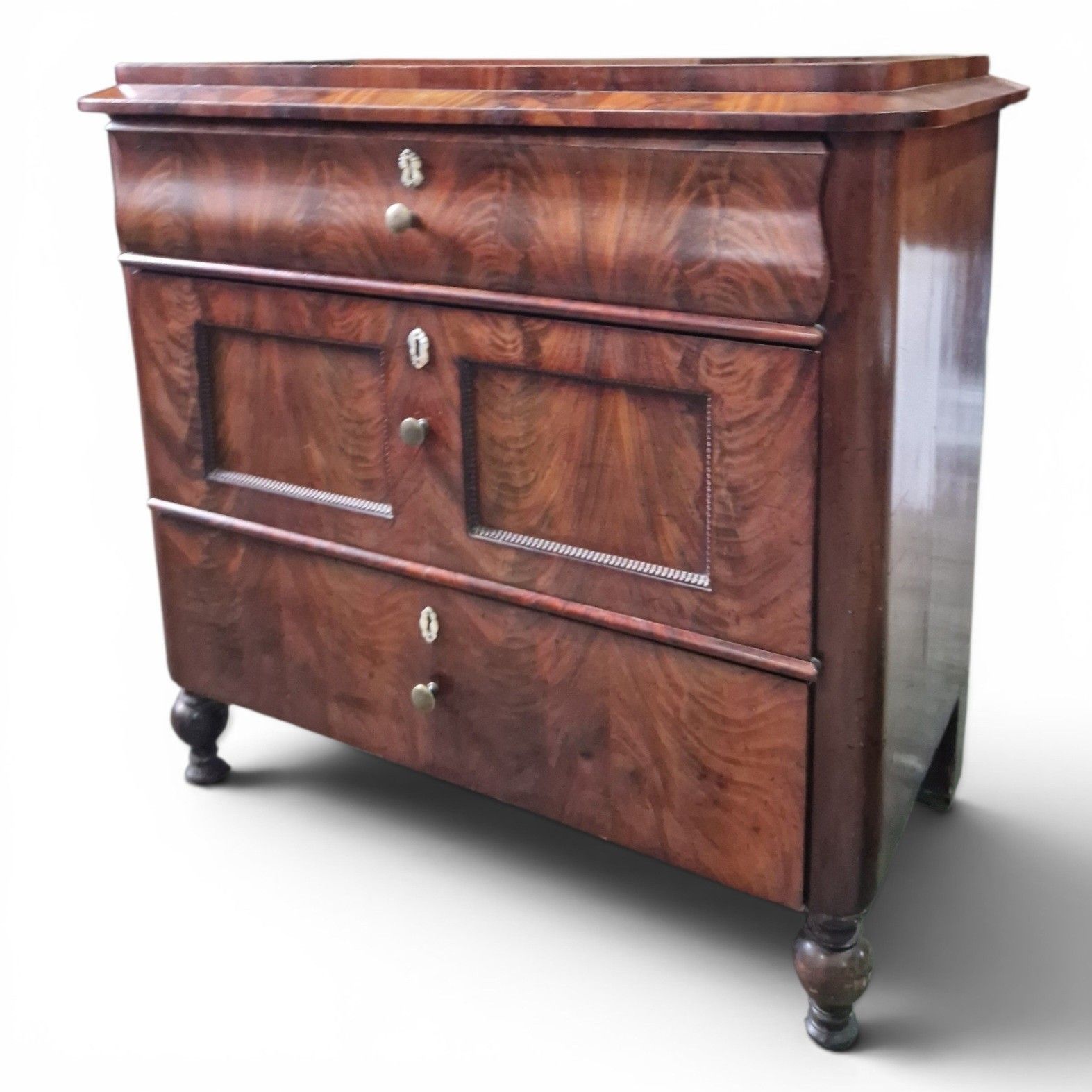 Antique Continental Flame Mahogany Chest Of 3 Drawers Biedermeier Style photo Furniture