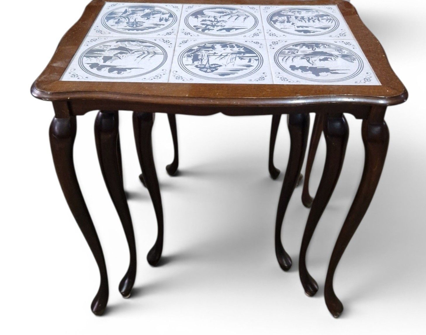 Vintage Nest Of 3 Delft Style Tile Top Tables Queen Anne Style Retro Cottage