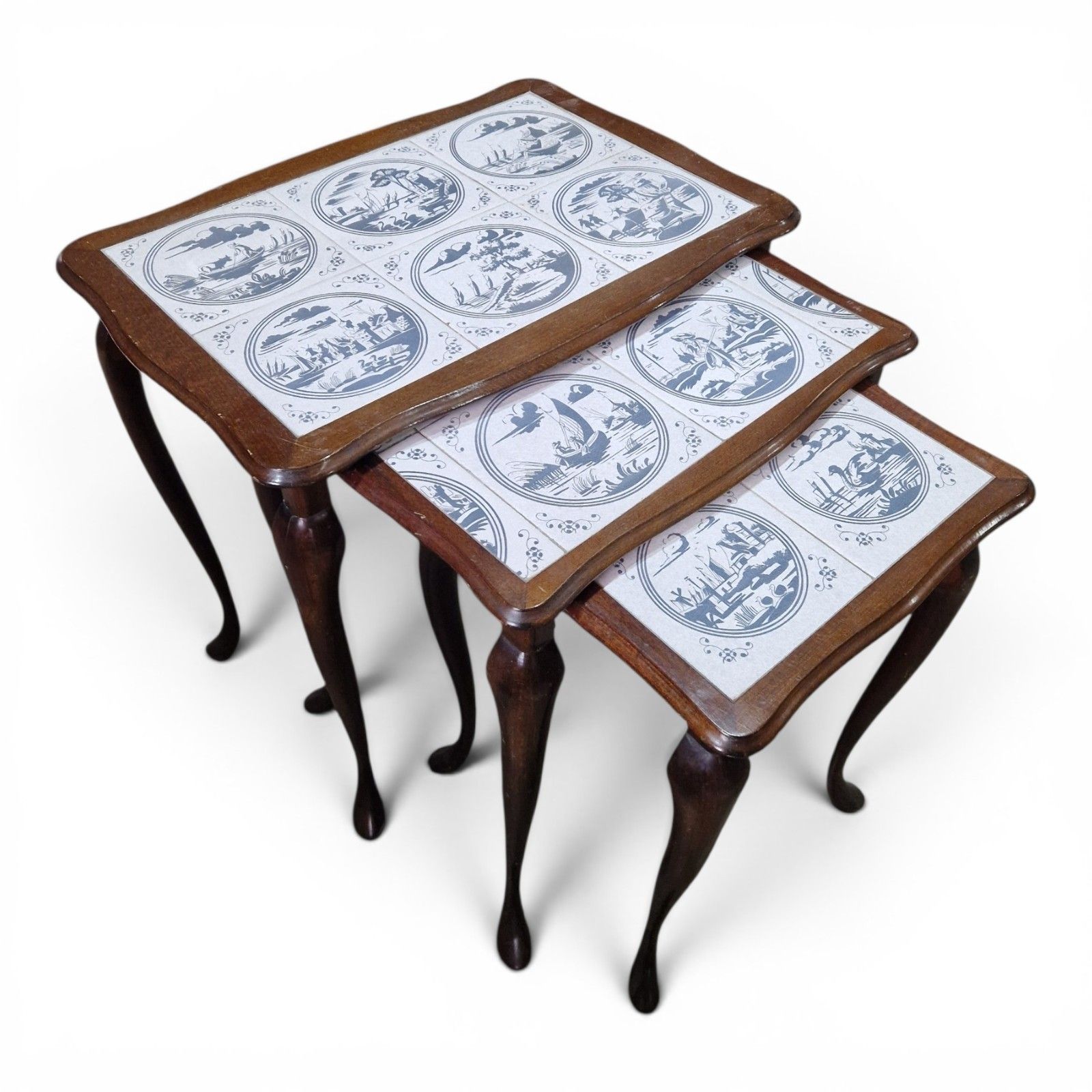 Furniture Vintage Nest Of 3 Delft Style Tile Top Tables Queen Anne Style Retro Cottage photo