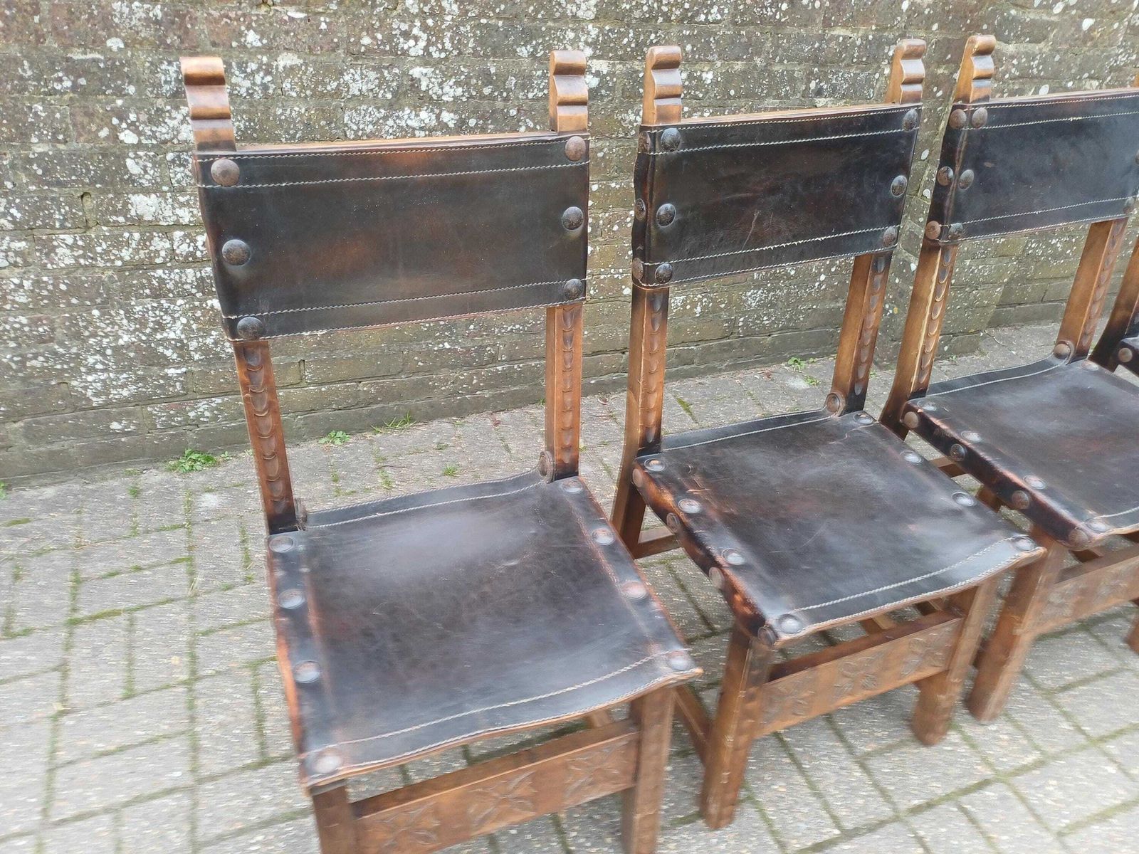 Set Of 4 Vintage Spanish Style Oak And Leather Dining Chairs Carved Wood Studded Seats Rustic 1980s Kitchen Dining Chairs photo vintage