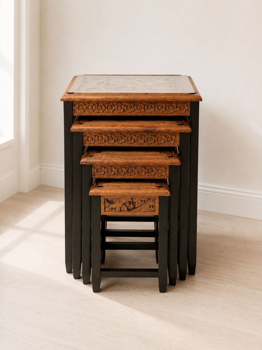 Vintage Chinese Camphor Wood Nest Of 4 Tables | Hand Carved Solid Wood photo Furniture
