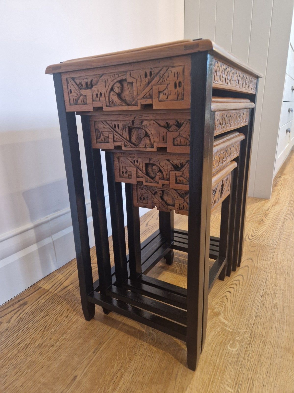 Furniture Vintage Chinese Camphor Wood Nest Of 4 Tables | Hand Carved Solid Wood photo