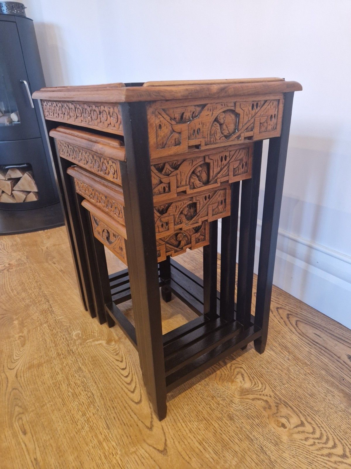 265.0 Vintage Chinese Camphor Wood Nest Of 4 Tables | Hand Carved Solid Wood photo