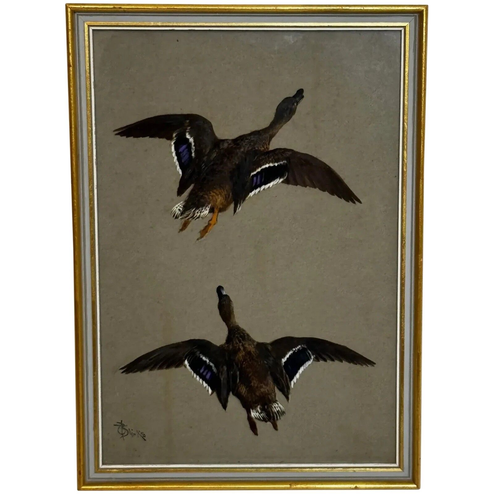 Victoriaans schilderij, jachtvogels, twee opvliegende eenden, Thomas Blinks