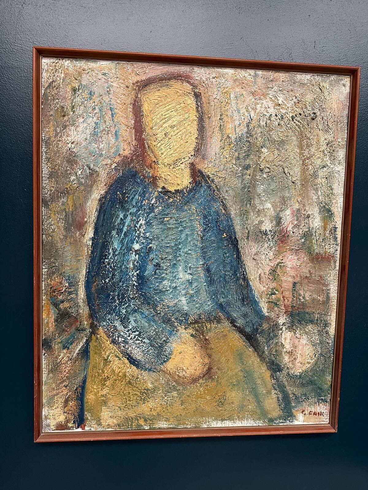 Original Swedish Oil On Canvas – “Kvinna I Blått” By Gösta Falck – Canvas 88 × 73 Cm (34.6" × 28.7") photo Art