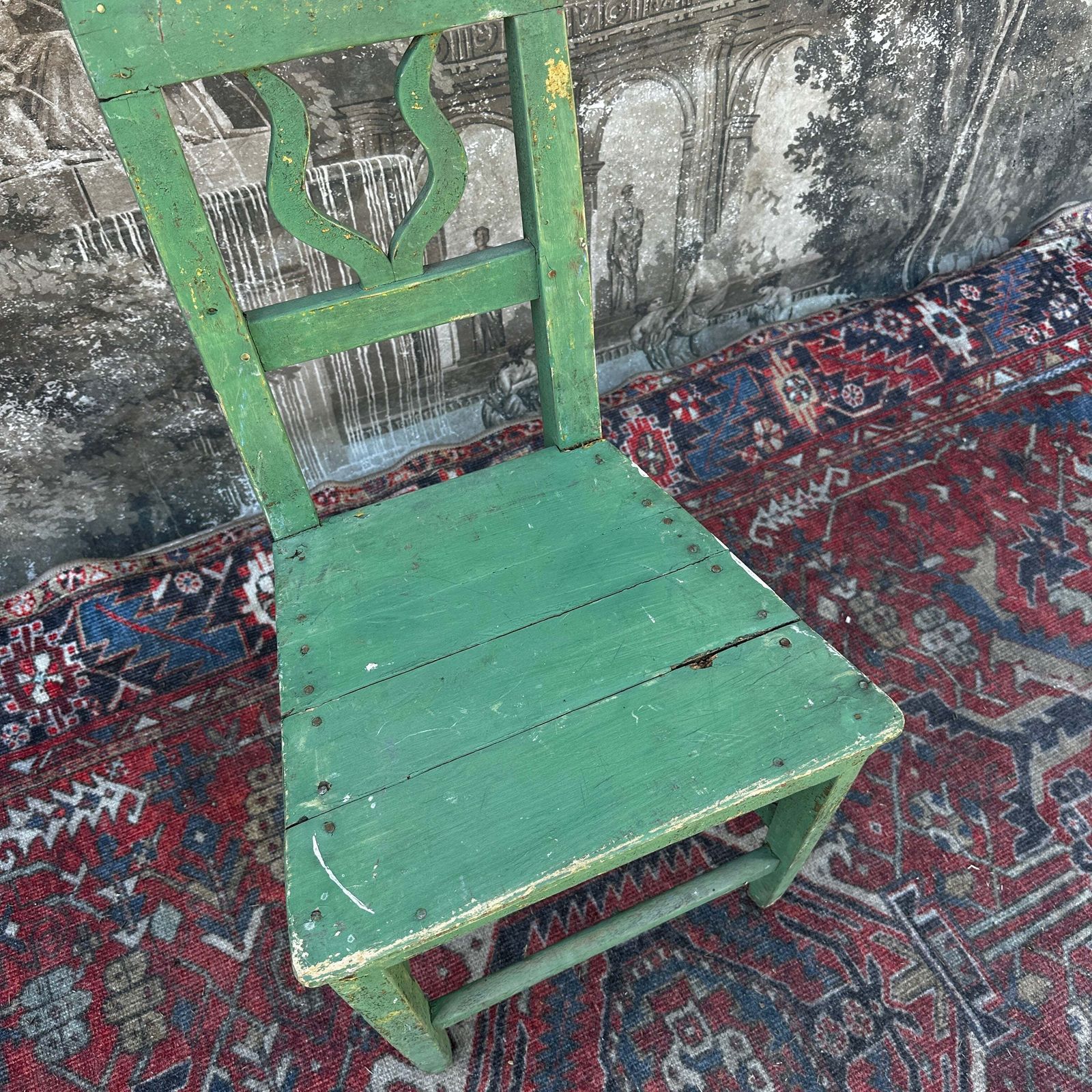 Furniture Rustic French Farmhouse Kitchen Chair — Original Green Paint photo