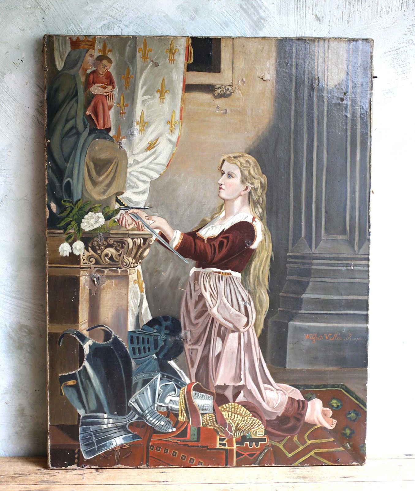 Antique French Joan Of Arc & Madonna Oil Painting Portrait Virgin Mary Religious Art