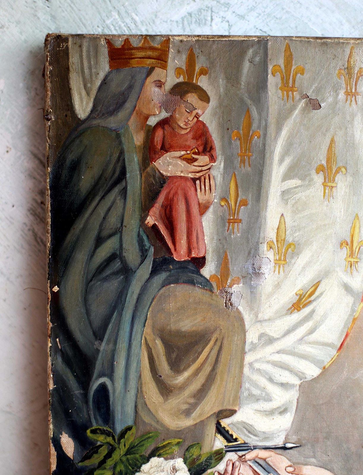Antique French Joan Of Arc & Madonna Oil Painting Portrait Virgin Mary Religious Art photo 152.0