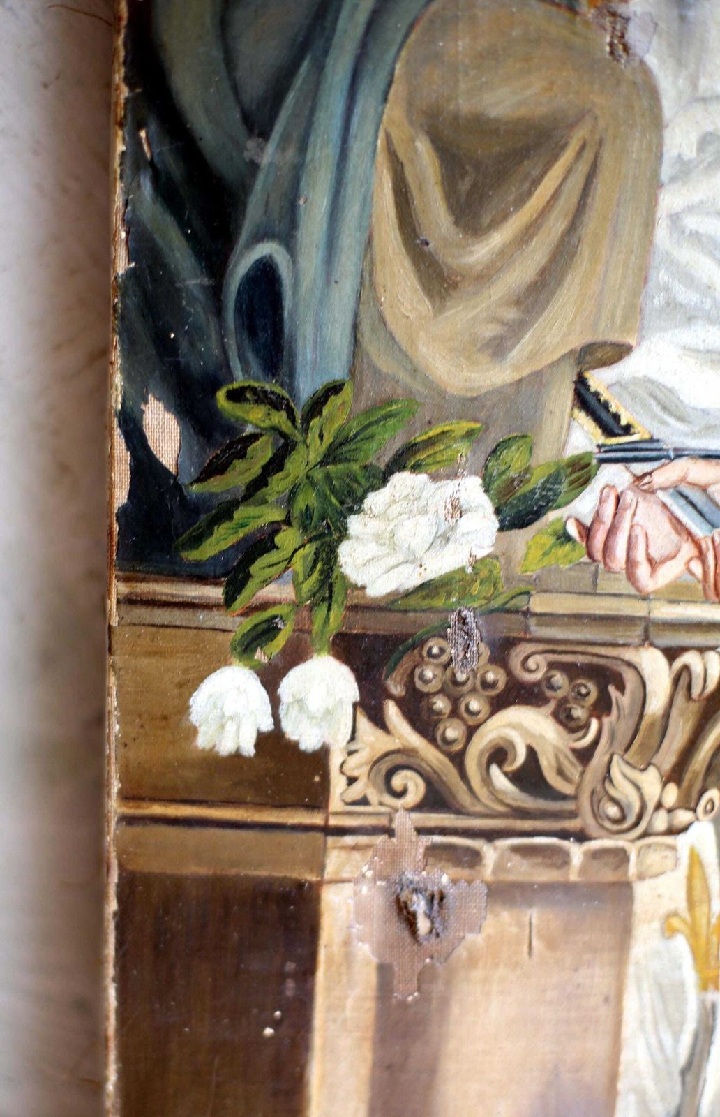 photo furniture Antique French Joan Of Arc & Madonna Oil Painting Portrait Virgin Mary Religious Art