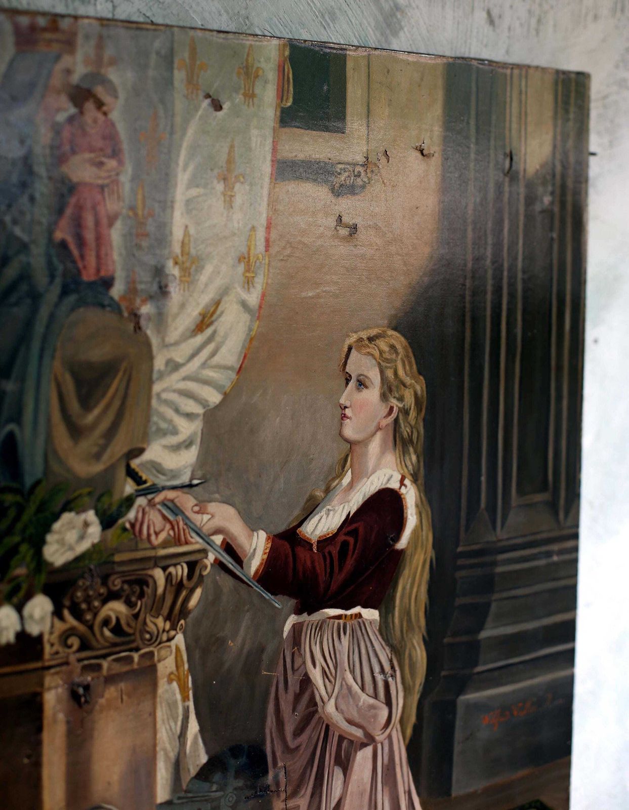 Art Antique French Joan Of Arc & Madonna Oil Painting Portrait Virgin Mary Religious Art photo