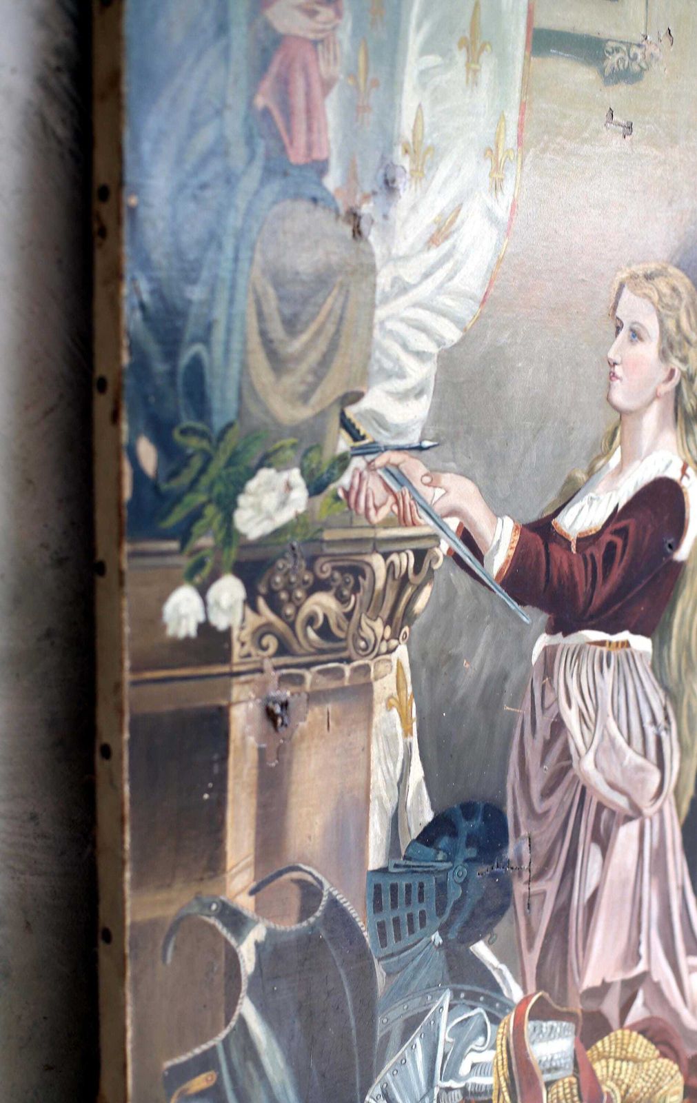 152.0 Antique French Joan Of Arc & Madonna Oil Painting Portrait Virgin Mary Religious Art photo