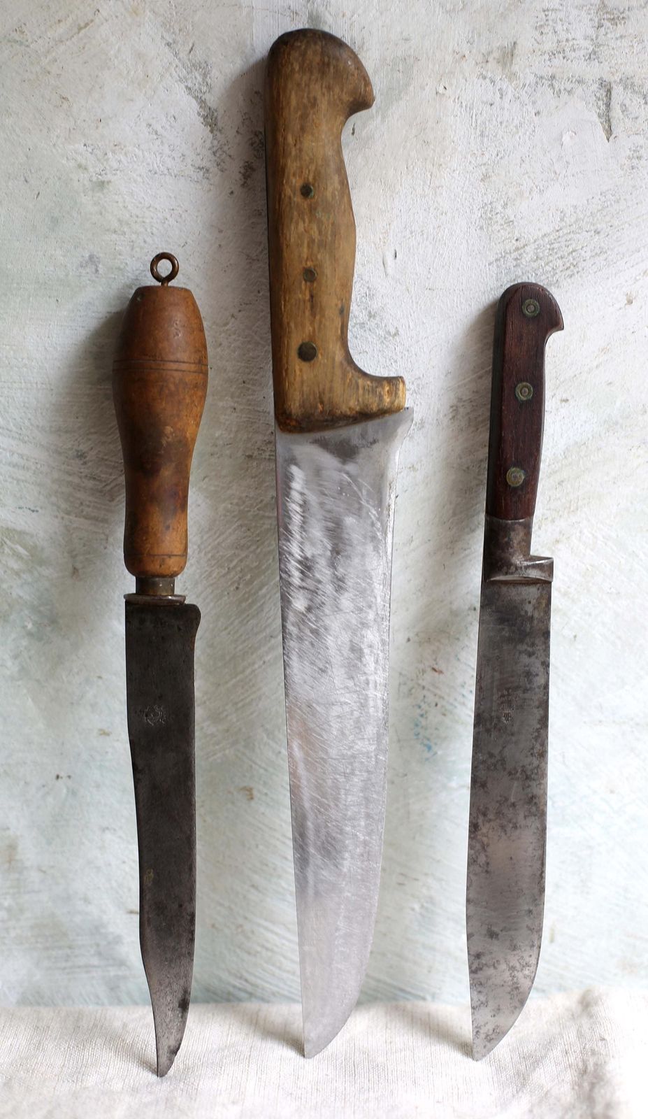 Collection Of 3 Antique French Kitchen Knives Steel Blades Wooden Handles Set Of 3 Butchers Knife photo furniture