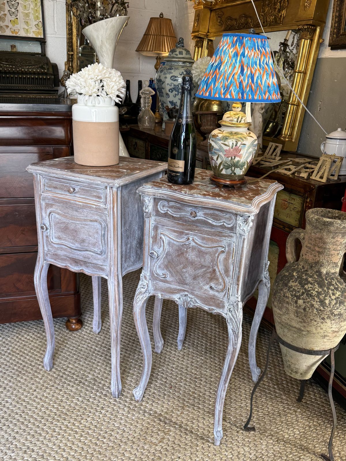 Pair Of French Antique Bedside Tables Marble Topped Side Cabinets photo for sale