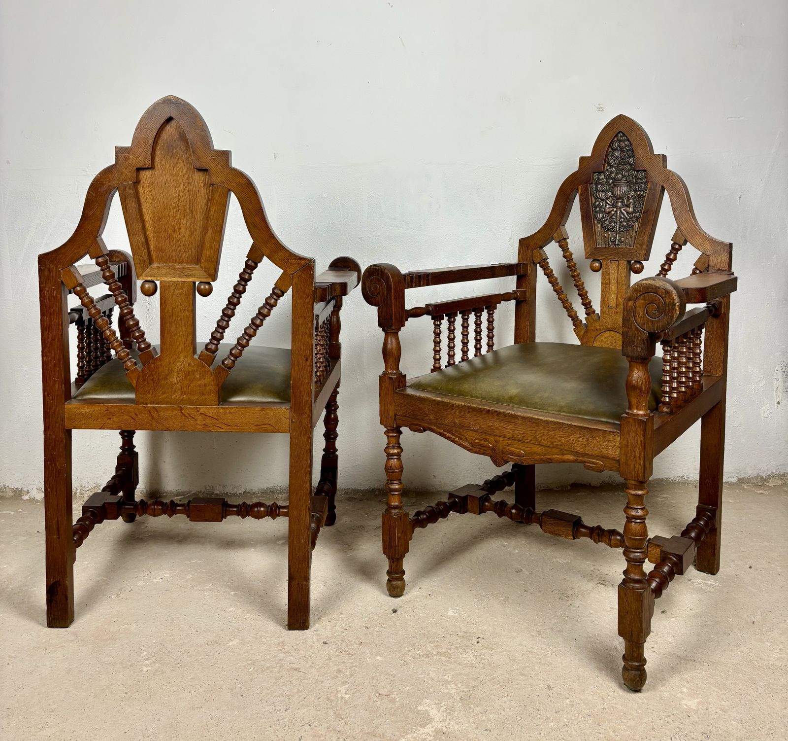 photo for sale Pair Of Spanish Revival Armchairs With Carved Crest, Early 20th Century