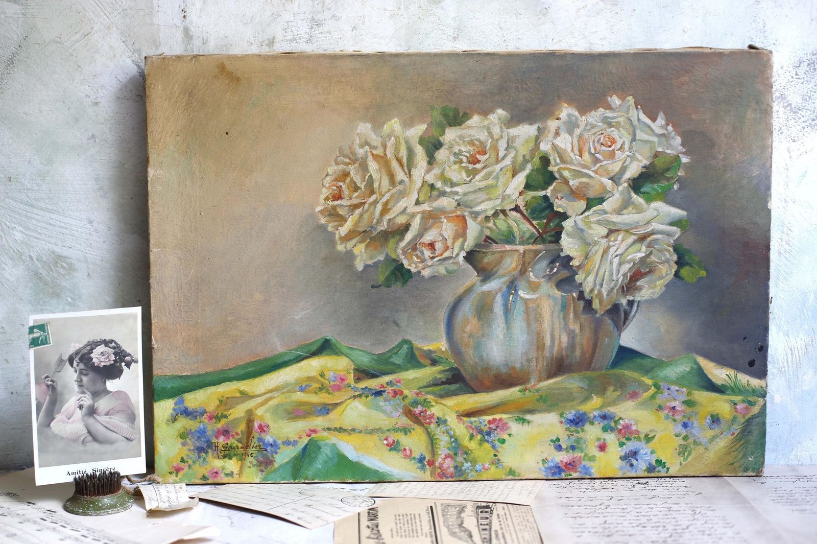 Original Antique Oil Painting Floral Canvas Art Still Life Pink Roses photo Art