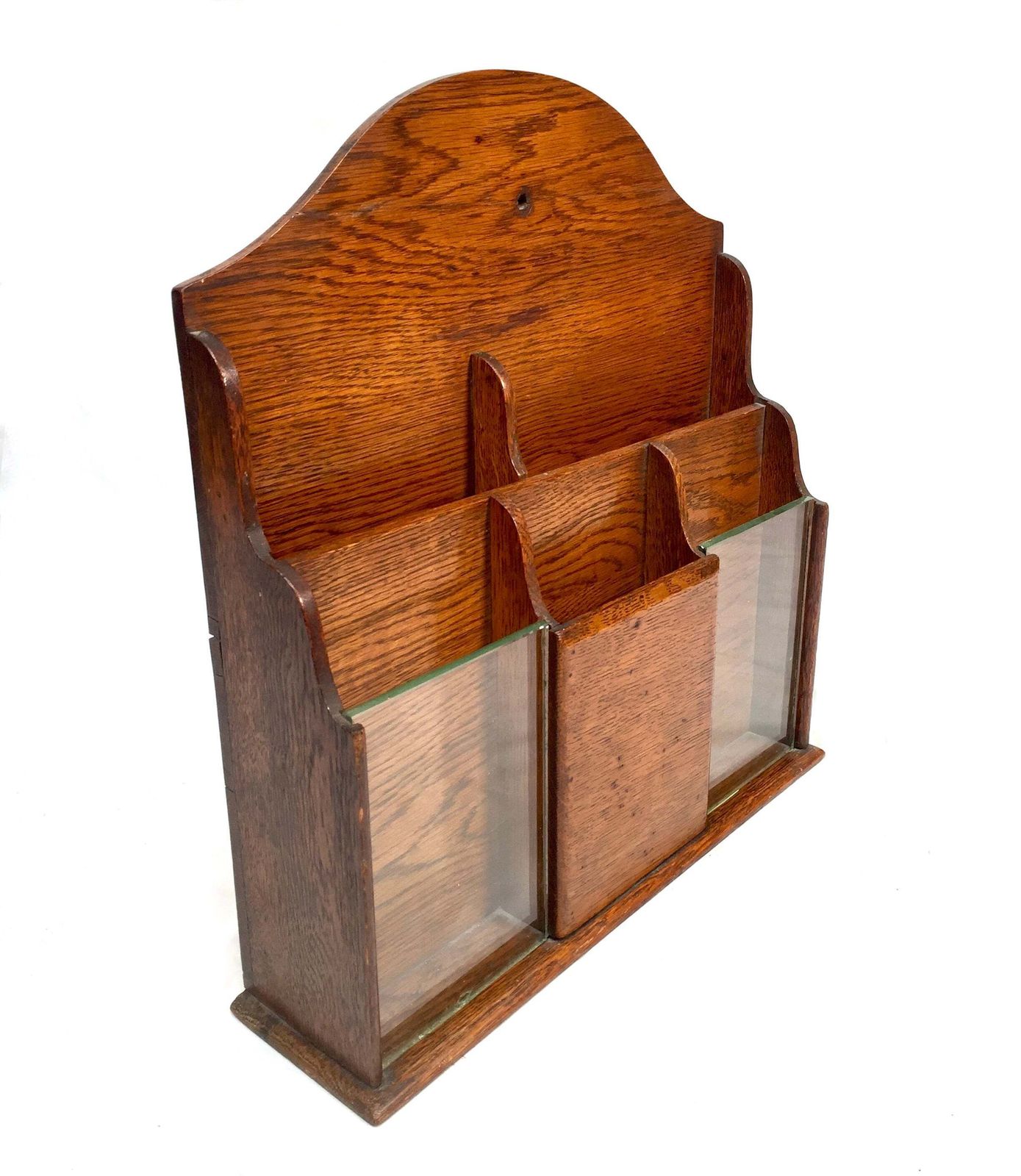 Antique Wooden Oak & Glass Tabletop Stationery Holder / Hotel Leaflet Rack C1930