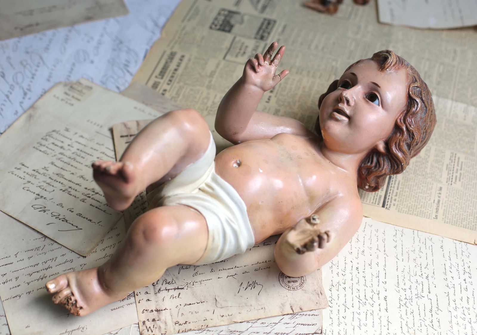 Large Antique Baby Jesus With Glass Eyes Spanish Creche Statue Plaster Infant Christ Figurine For Nativity Scene