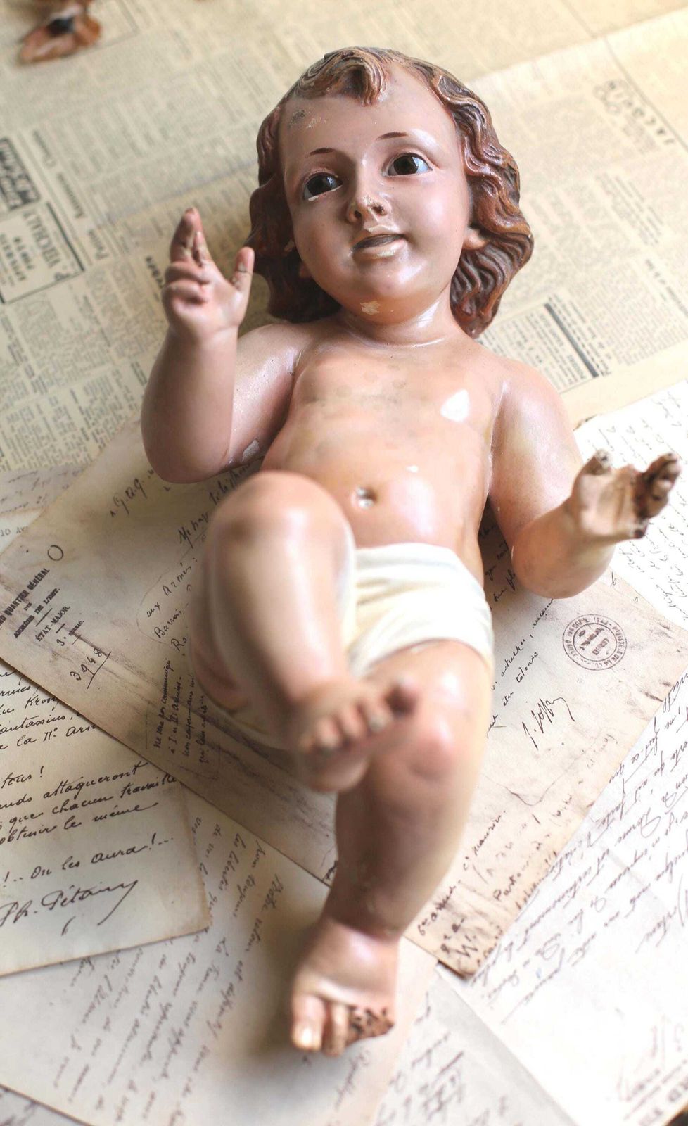 Large Antique Baby Jesus With Glass Eyes Spanish Creche Statue Plaster Infant Christ Figurine For Nativity Scene photo furniture
