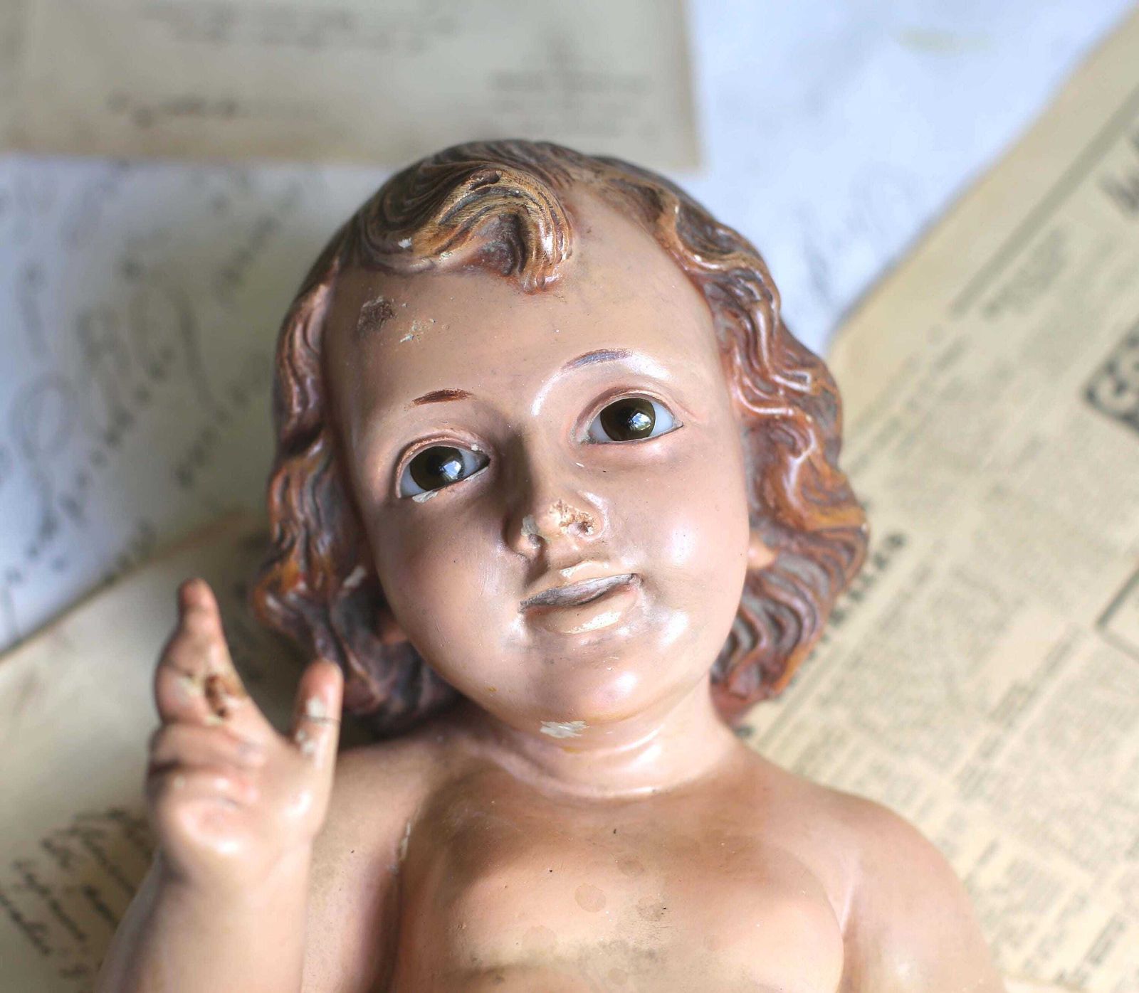 Large Antique Baby Jesus With Glass Eyes Spanish Creche Statue Plaster Infant Christ Figurine For Nativity Scene photo 226.0