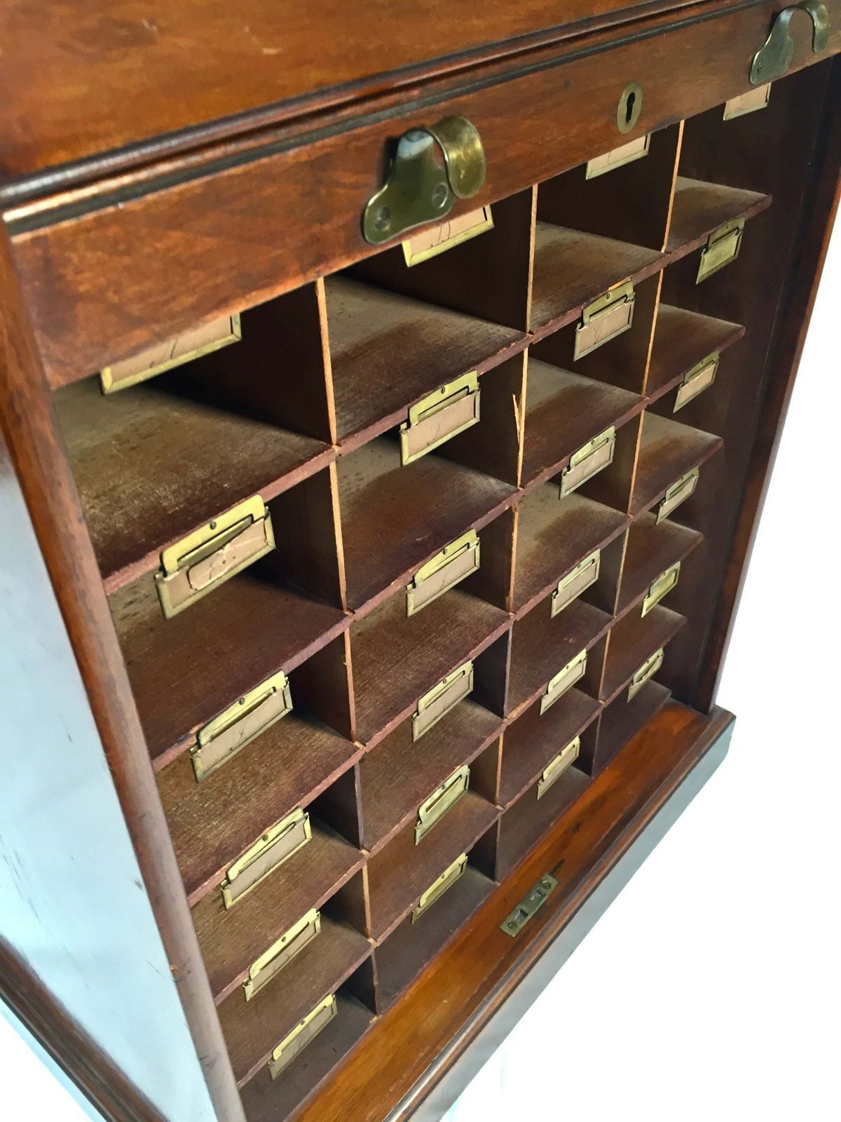 Antique Wood Tambour Fronted Cabinet / Pigeon Hole Stationery Storage Box C.1930 photo vinterior