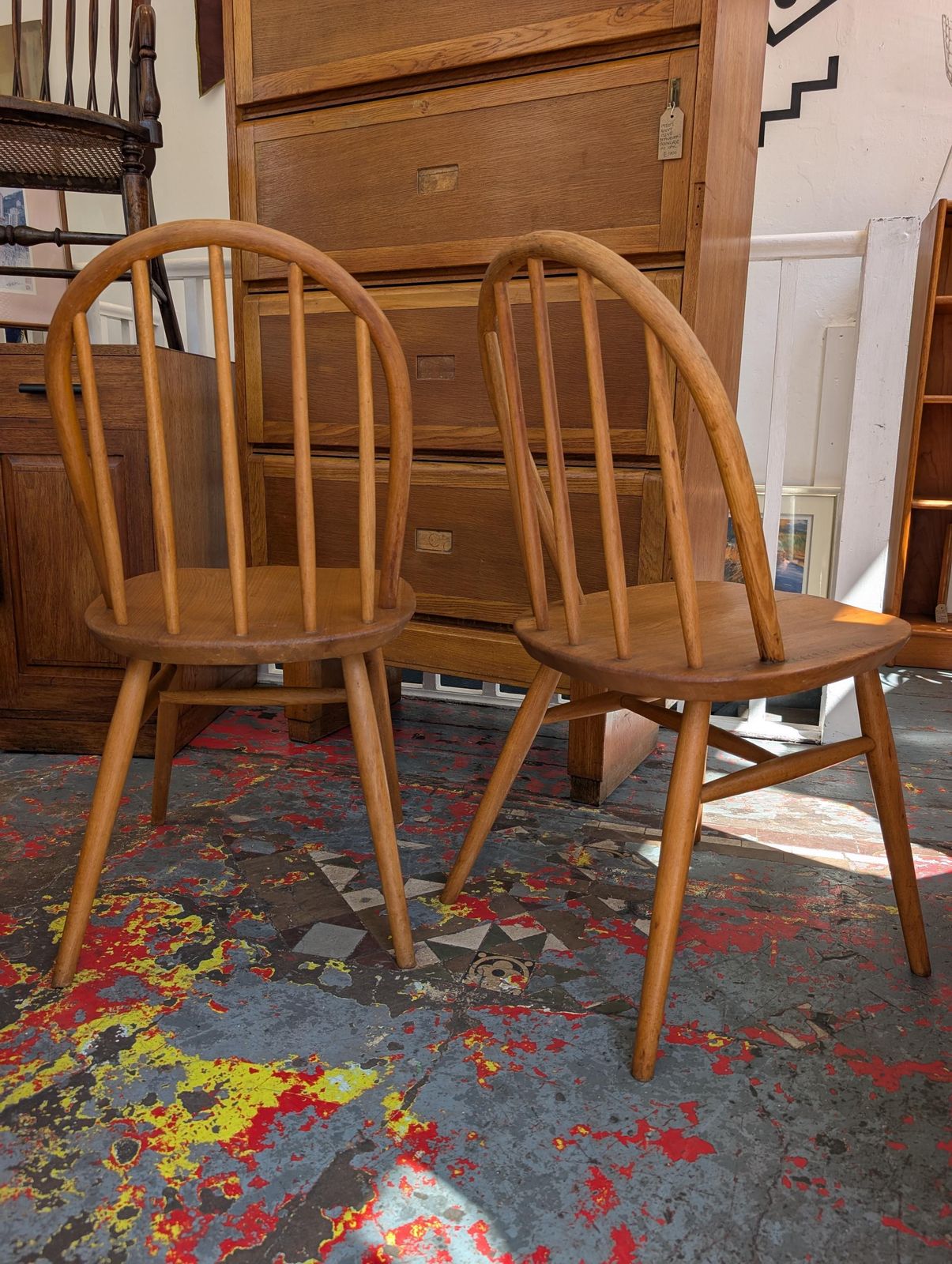 Pair Of 1960s Mid Century Elm & Beech Dining Chairs By Ercol. Vintage/Antique photo buy