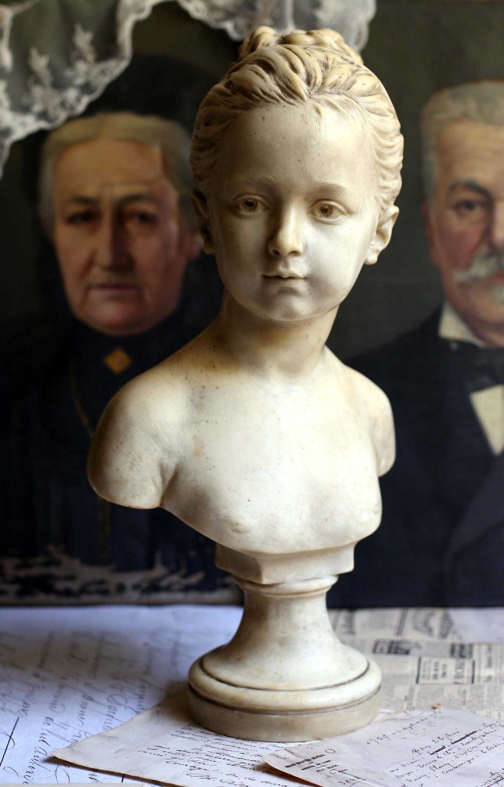 Large Antique Wax Bust Of Louise Brongniart After Houdon | Signed Embil French Child Portrait Sculpture | Neoclassical Decor photo 610.0