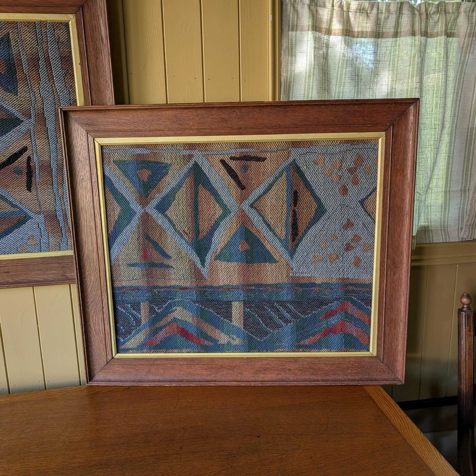 Pair Of Vintage Mid Century Modern Swedish Flatweave Textiles In Oak Frames photo vinterior
