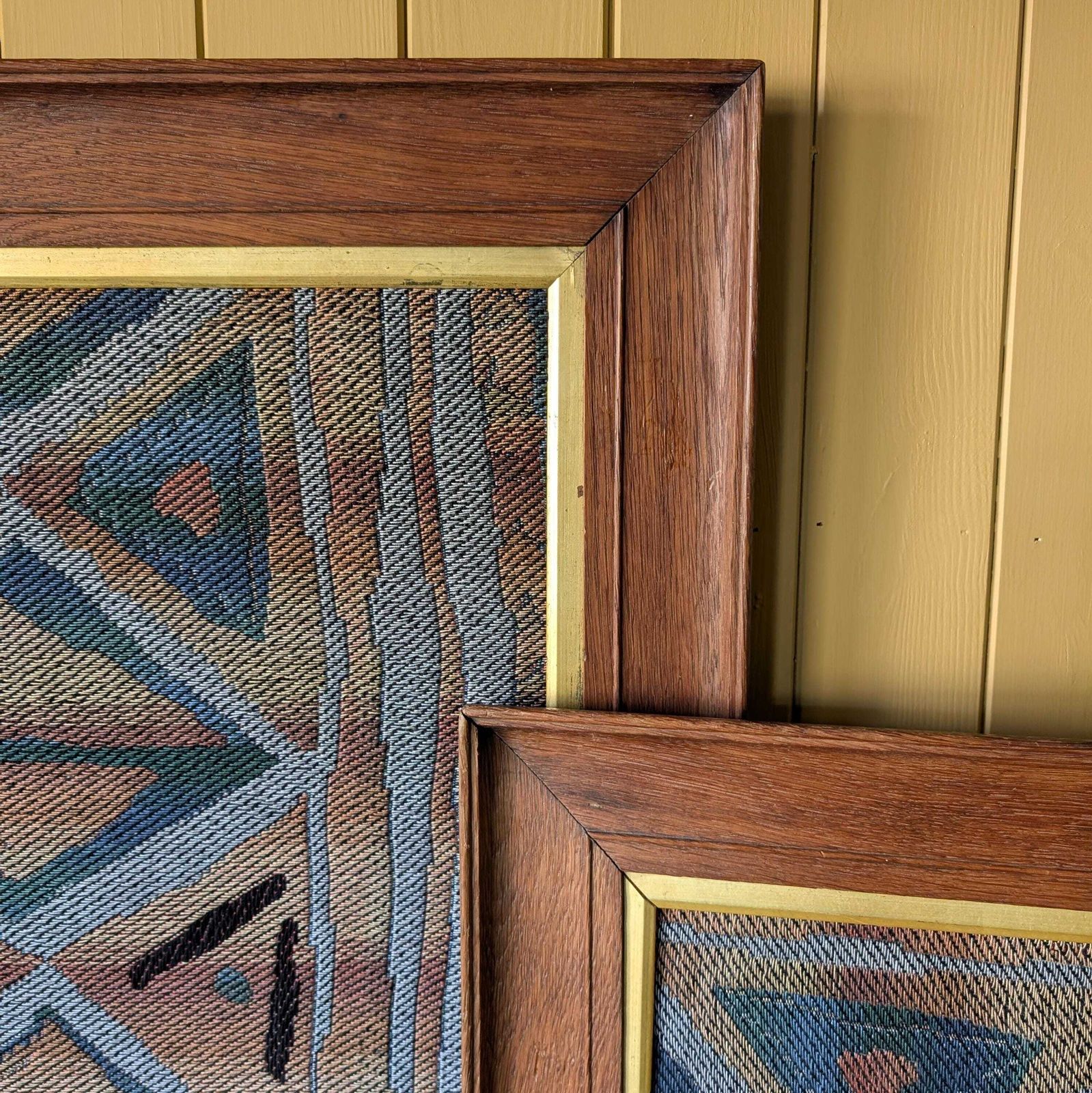 Pair Of Vintage Mid Century Modern Swedish Flatweave Textiles In Oak Frames photo buy