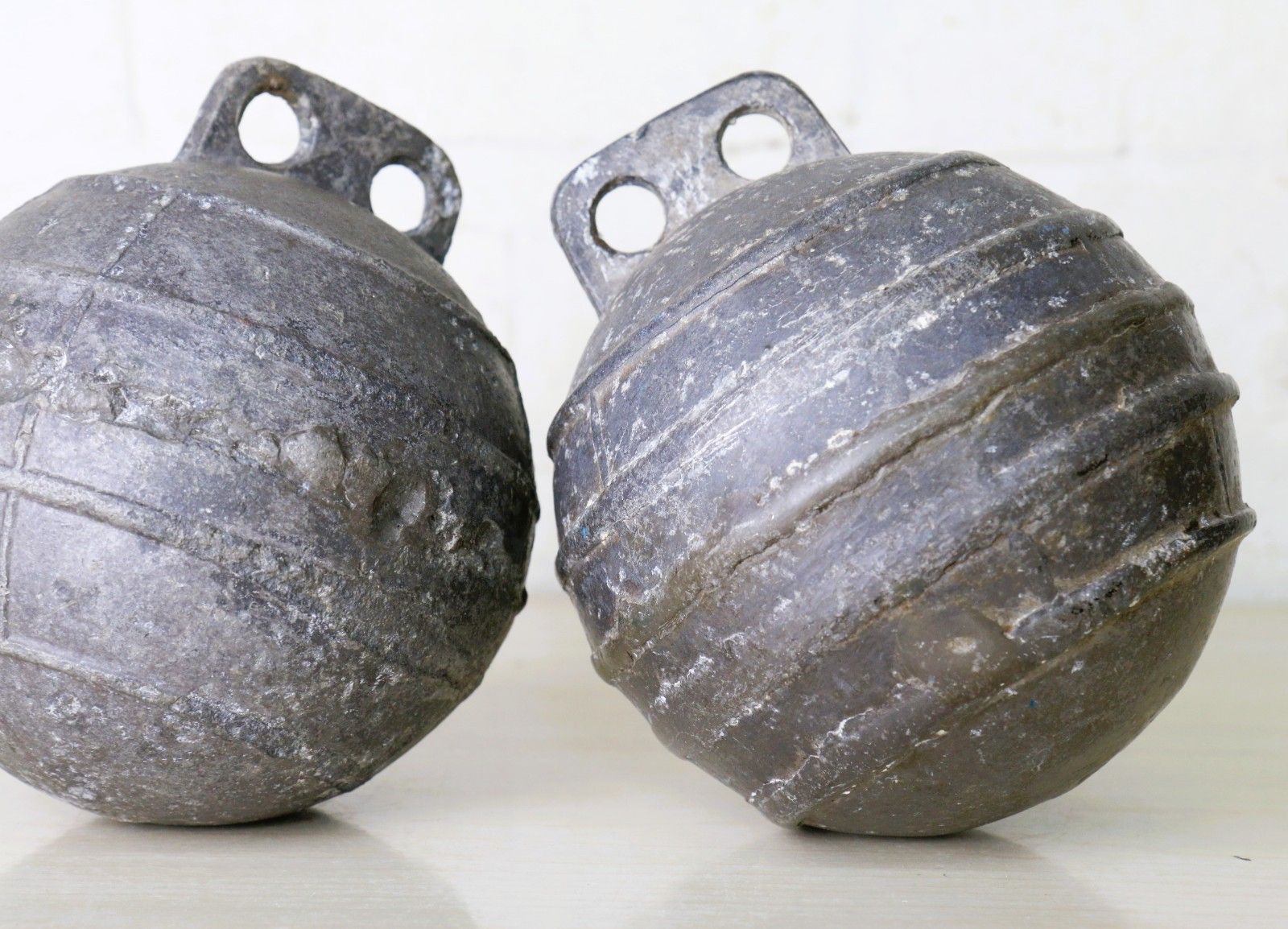 Two Vintage/Antique Old Alloy Sea Fishing Buoys Floats Well Used And Weathered photo 75.0