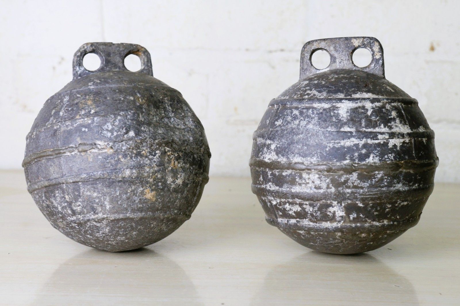 Two Vintage/Antique Old Alloy Sea Fishing Buoys Floats Well Used And Weathered photo vinterior