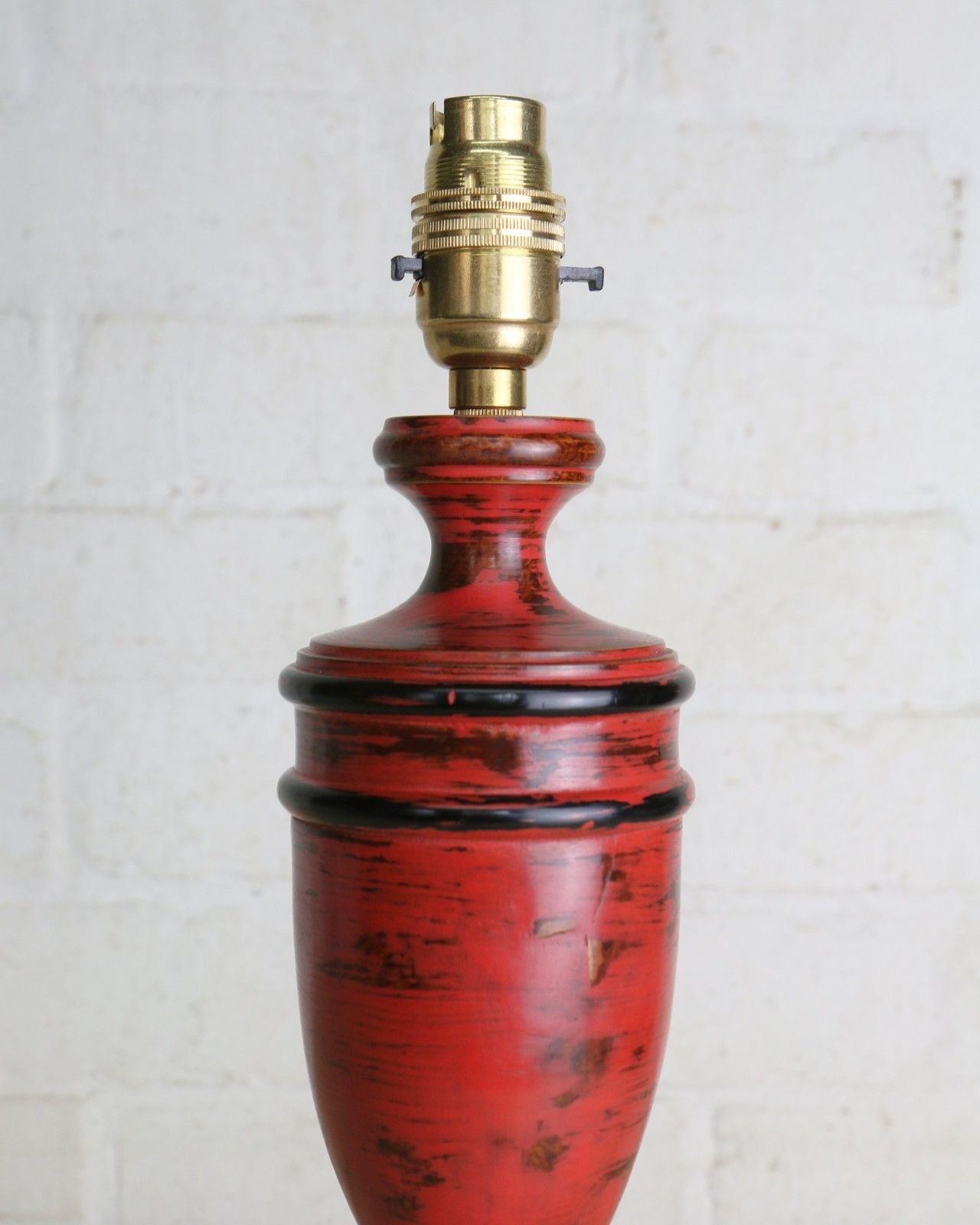 Table Lamp Vintage Turned Wooden Lamp Distressed Red Finish Antique Shaped 1980s photo vintage