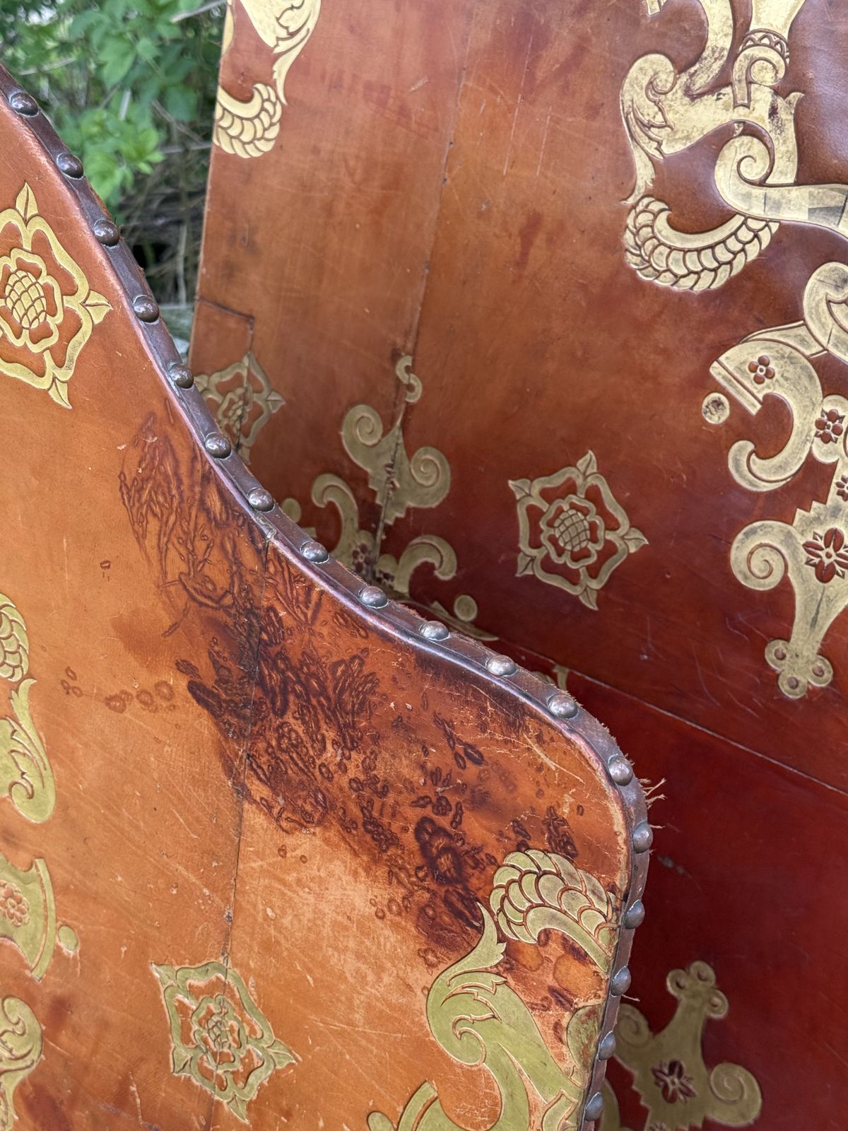 Pair Of Leather Gilt Single Headboards photo for sale