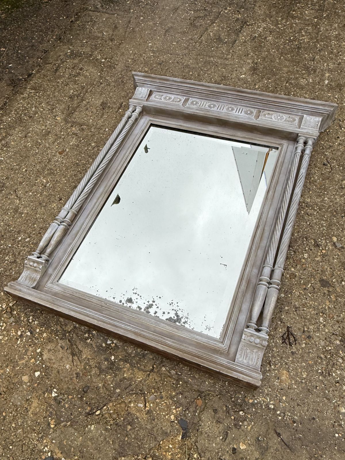 photo furniture Limed Antique French Columned Empire Mirror Decorative Carved Wall Mirror