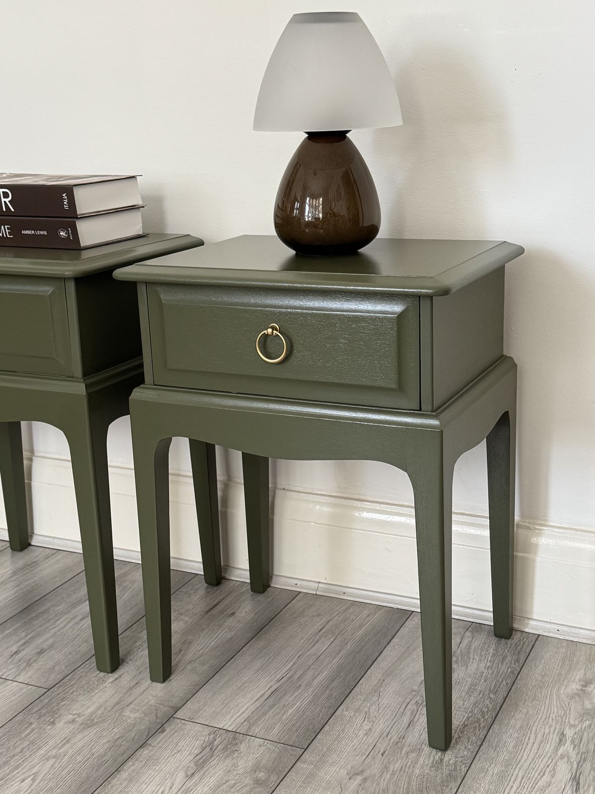 A Pair Of Vintage Stag Minstrel Bedside Tables   Cabinets Leggy ,Olive Green Elegance , Painted In Fusion Mineral Paint photo furniture