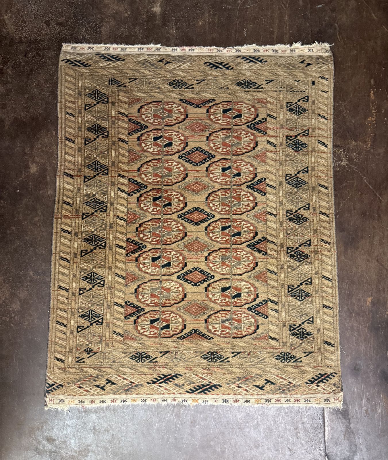 photo vintage Mid Century Hand Knotted Afghan Bokhara Rug, Muted Earth Tones,