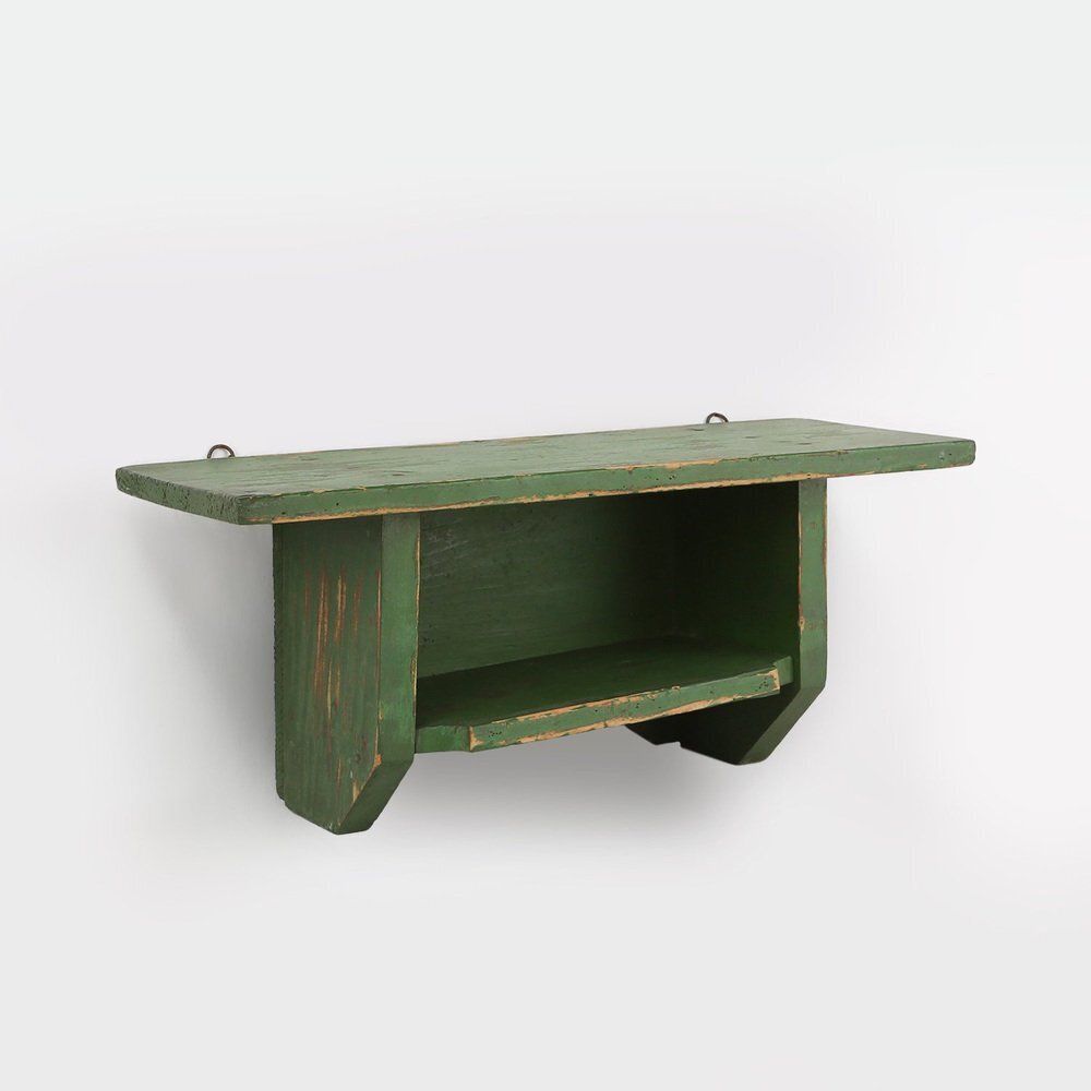 Small Rustic Green Wooden Wall Unit With Shelves, France, 1880s